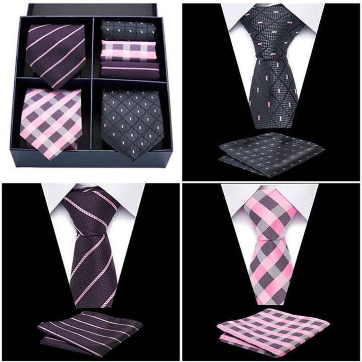 6Pcs Men's Pink & Black Dotty Striped Necktie Pocket Square Set Gift Box