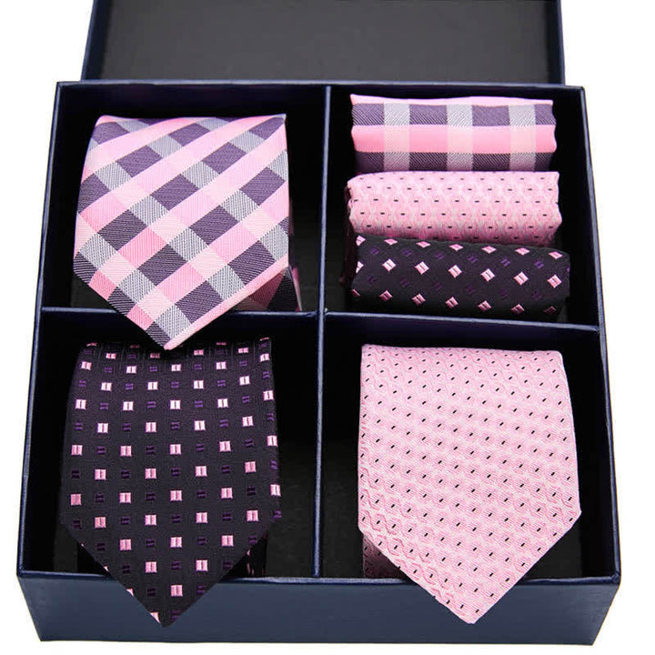6Pcs Men's Pink & Black Dotty Striped Necktie Pocket Square Set Gift Box