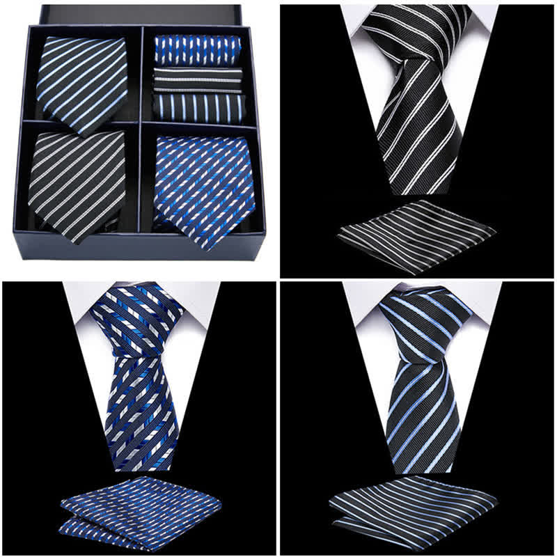 6Pcs Men's Blue & Black Striped Necktie Pocket Square Set Gift Box