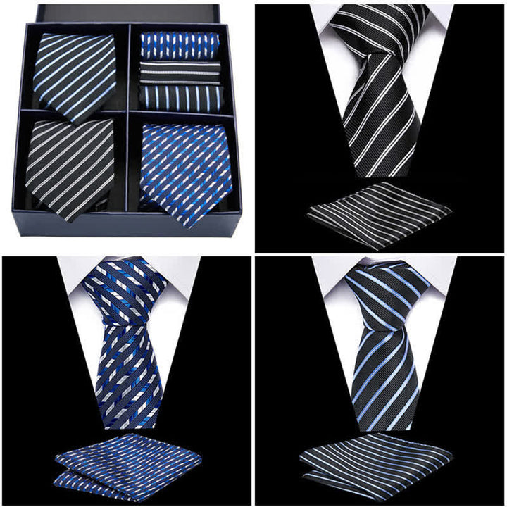 6Pcs Men's Blue & Black Striped Necktie Pocket Square Set Gift Box