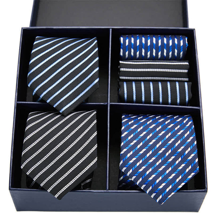 6Pcs Men's Blue & Black Striped Necktie Pocket Square Set Gift Box