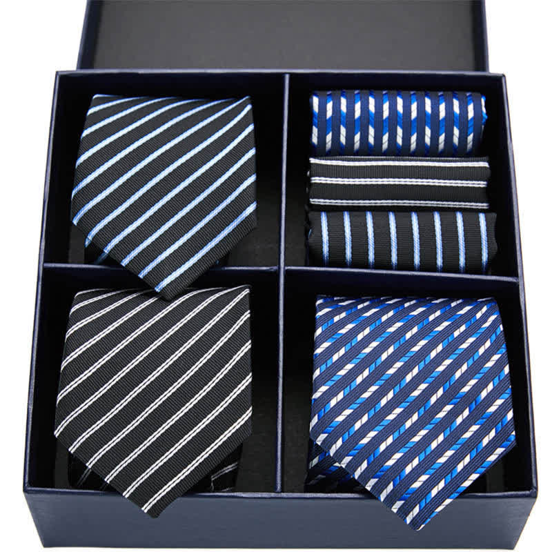 6Pcs Men's Blue & Black Striped Necktie Pocket Square Set Gift Box - Blue & Black - image 0