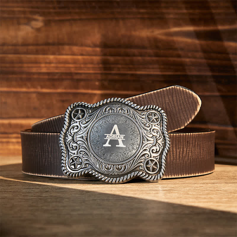 Custom Monogram Name DIY Carved Western Buckle Leather Belt - Silver - Brown Distressed Belt - 42 - image 18