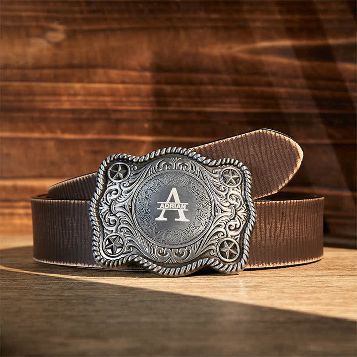 Custom Monogram Name DIY Carved Western Buckle Leather Belt - Silver - Brown Distressed Belt - 42 - image 18