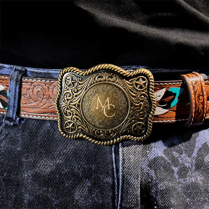 Custom Monogram Name DIY Carved Western Buckle Leather Belt - image 1
