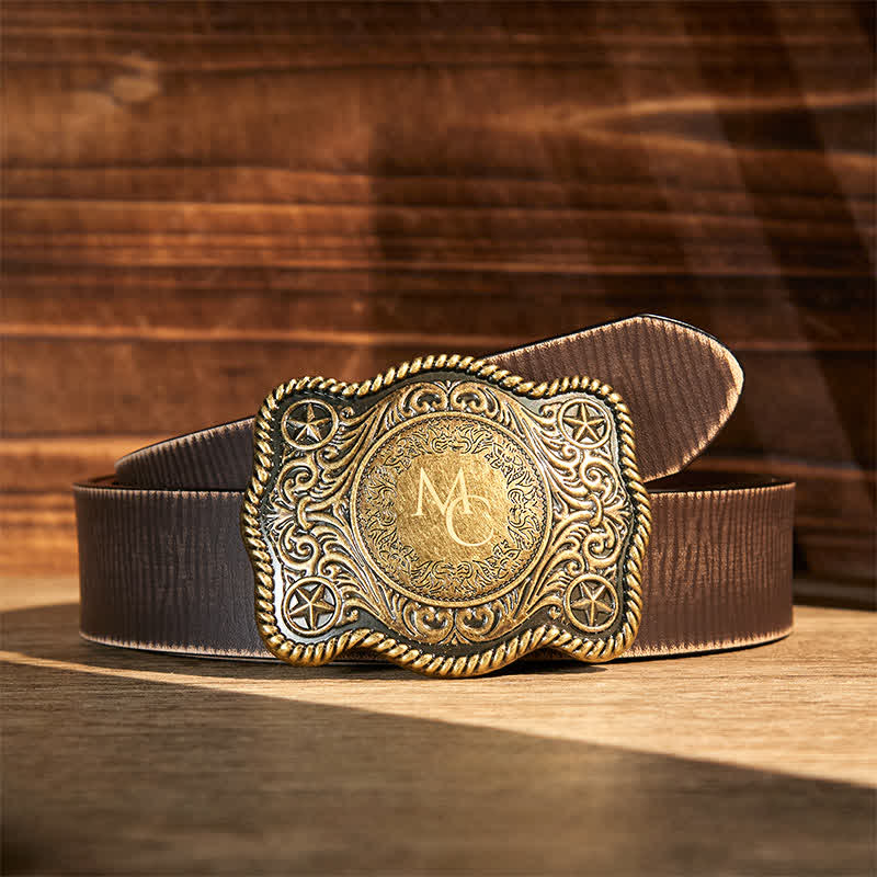 Custom Monogram Name DIY Carved Western Buckle Leather Belt - Bronze - Brown Distressed Belt - 42 - image 8