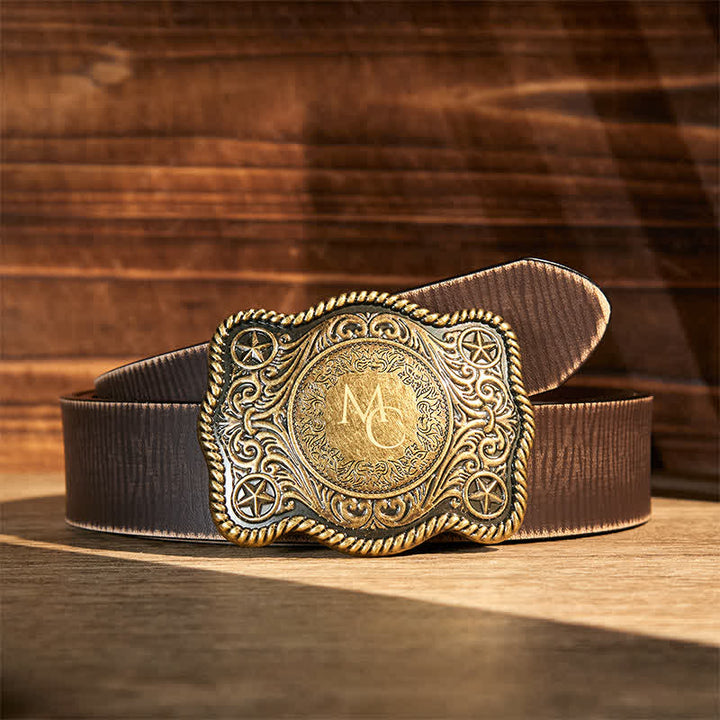 Custom Monogram Name DIY Carved Western Buckle Leather Belt - Bronze - Brown Distressed Belt - 42 - image 8