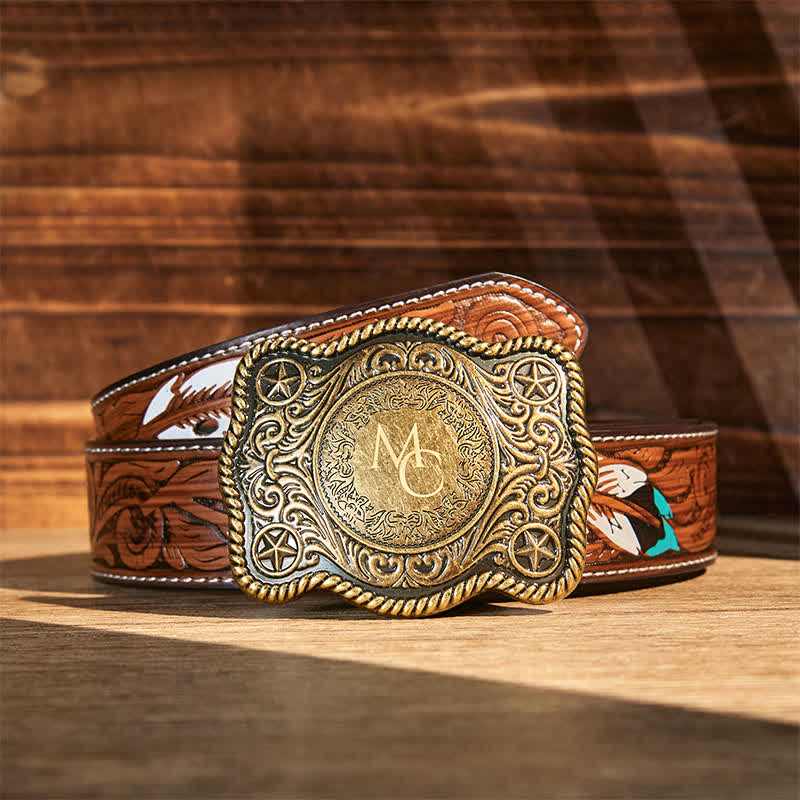 Custom Monogram Name DIY Carved Western Buckle Leather Belt - Bronze - Brown Feather Belt - 40 - image 10