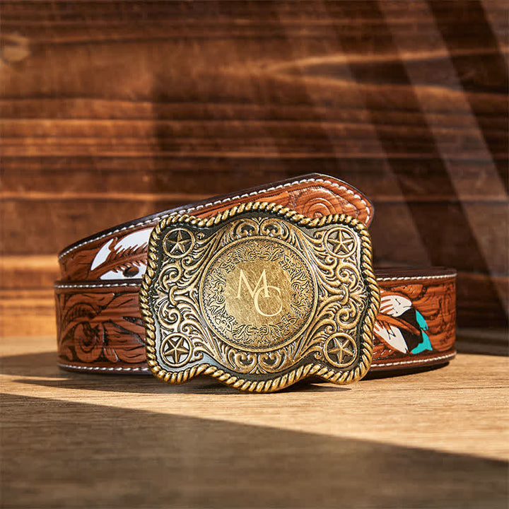 Custom Monogram Name DIY Carved Western Buckle Leather Belt - Bronze - Brown Feather Belt - 40 - image 10
