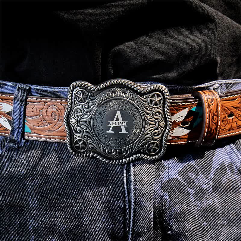 Custom Monogram Name DIY Carved Western Buckle Leather Belt - image 12