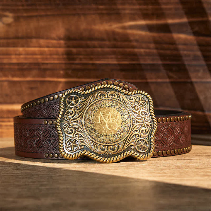 Custom Monogram Name DIY Carved Western Buckle Leather Belt - Bronze - Brown Rivet Belt - 42 - image 7