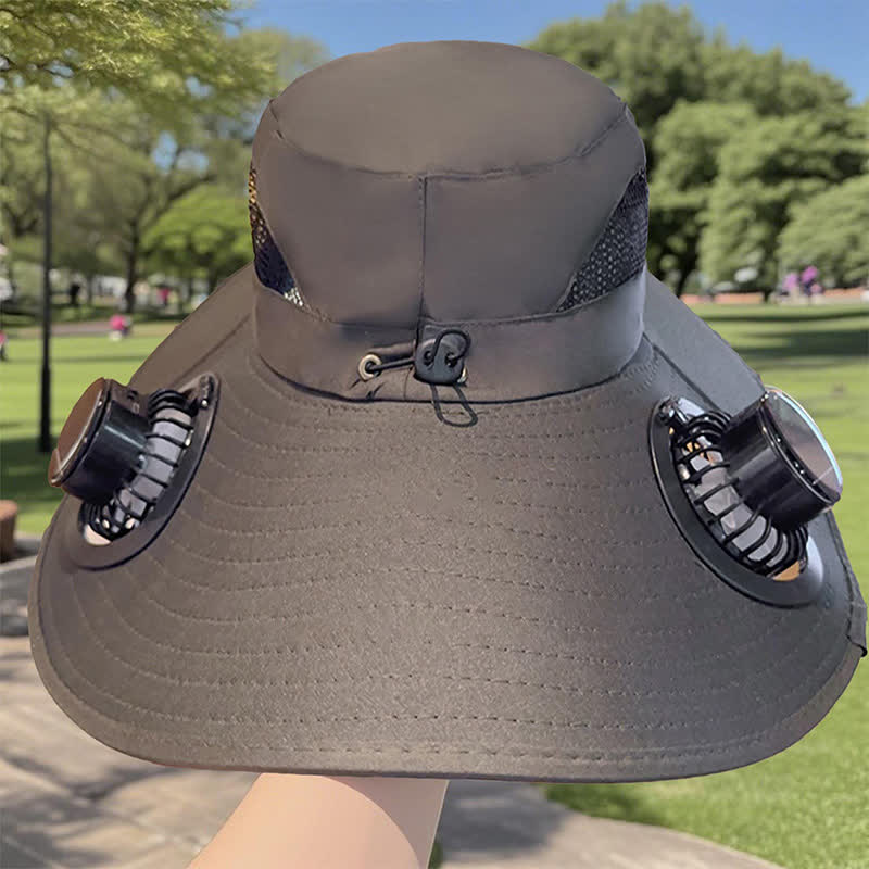 Double Solar-powered Fans Summer Fishing Bucket Hat - Deep Green - Adjustable (21 5/8"-23 5/8") - image 0