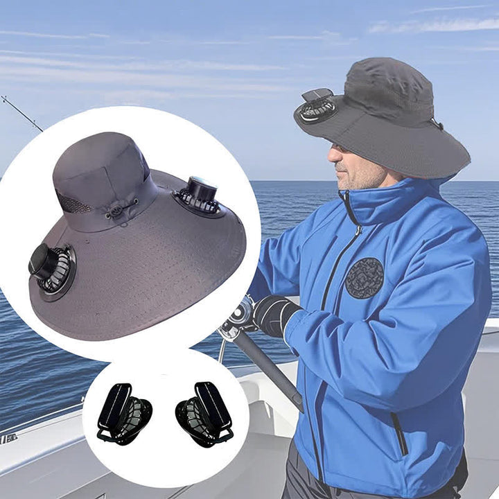 Double Solar-powered Fans Summer Fishing Bucket Hat
