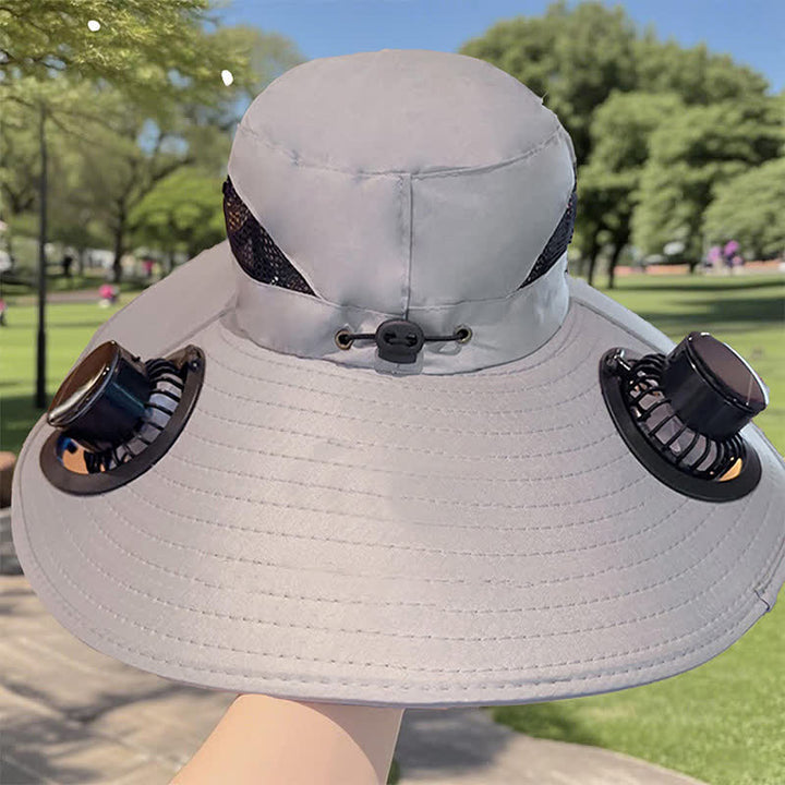 Double Solar-powered Fans Summer Fishing Bucket Hat - Light Gray - Adjustable (21 5/8"-23 5/8") - image 4
