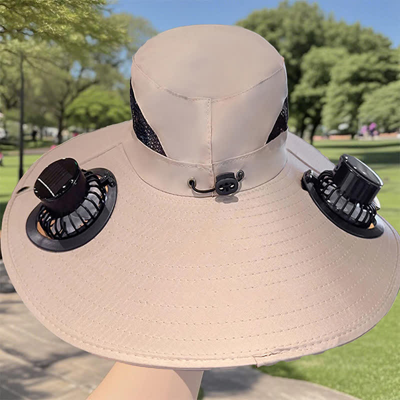 Double Solar-powered Fans Summer Fishing Bucket Hat - Khaki - Adjustable (21 5/8"-23 5/8") - image 5