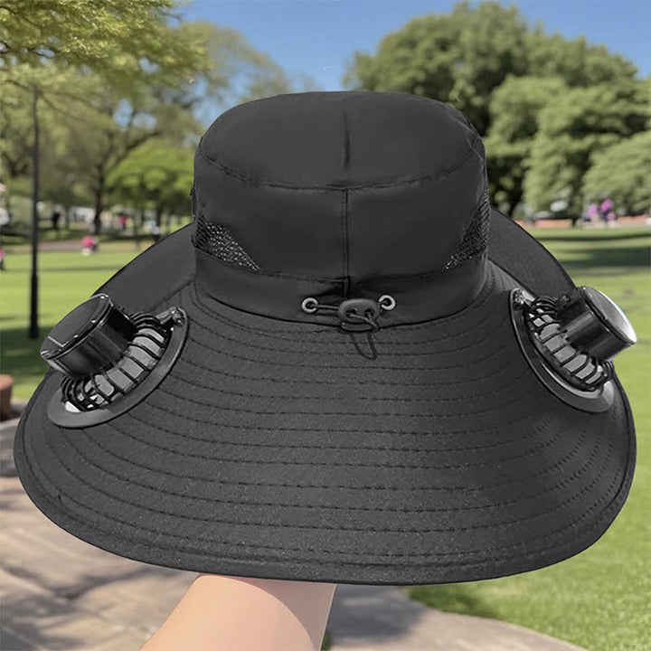 Double Solar-powered Fans Summer Fishing Bucket Hat - Black - Adjustable (21 5/8"-23 5/8") - image 6