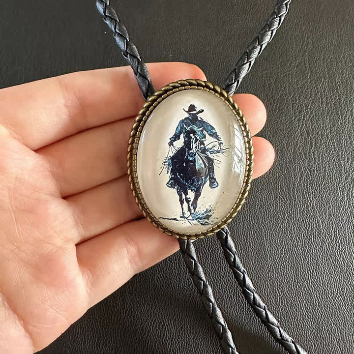 Cowboy Riding Scene Pendant Braided Leather Bolo Tie