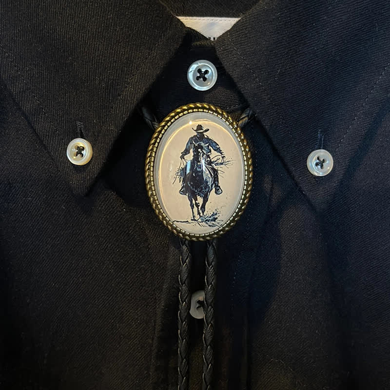 Cowboy Riding Scene Pendant Braided Leather Bolo Tie - image 1