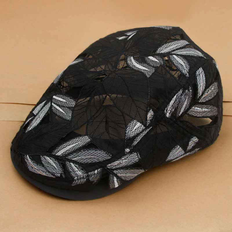 Women's Leaves Embroidery Hollow Out Mesh Beret Hat - image 2