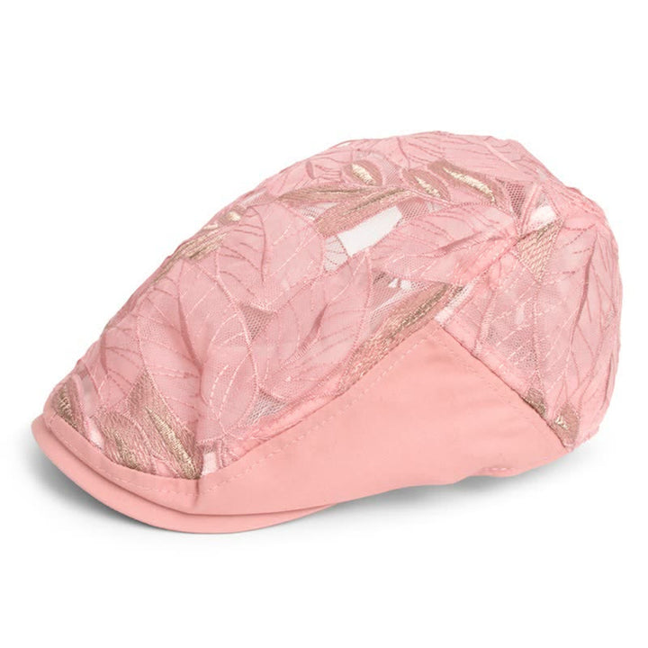 Women's Leaves Embroidery Hollow Out Mesh Beret Hat - Pink - Adjustable (21 1/4"-22 1/2") - image 5