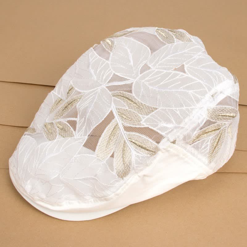 Women's Leaves Embroidery Hollow Out Mesh Beret Hat - White - Adjustable (21 1/4"-22 1/2") - image 4