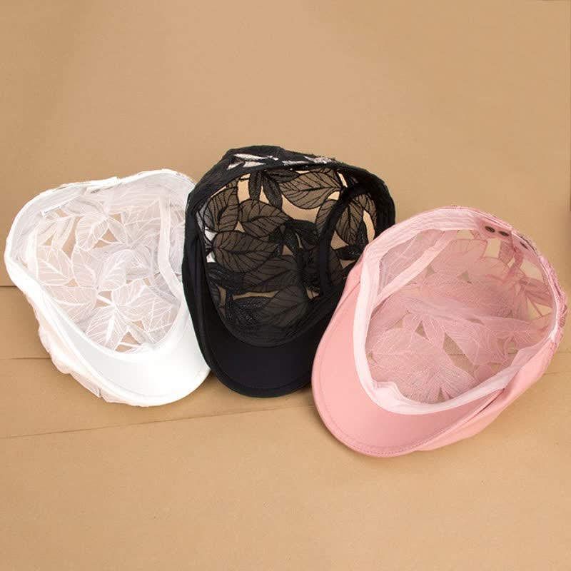 Women's Leaves Embroidery Hollow Out Mesh Beret Hat - image 1