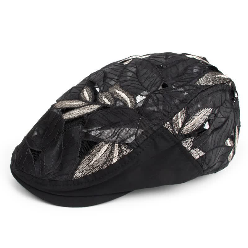 Women's Leaves Embroidery Hollow Out Mesh Beret Hat - Black - Adjustable (21 1/4"-22 1/2") - image 0