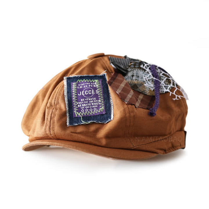 Caramel Street Style Cloth Patchwork Button Beret Hat