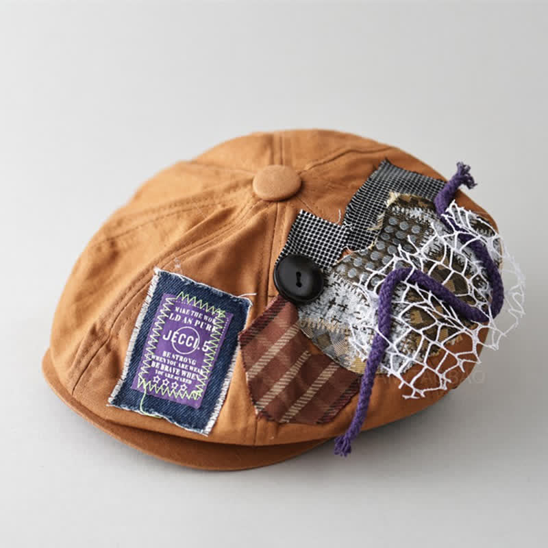 Caramel Street Style Cloth Patchwork Button Beret Hat