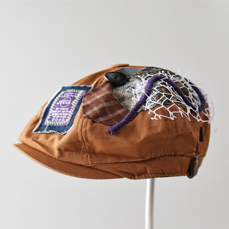 Caramel Street Style Cloth Patchwork Button Beret Hat