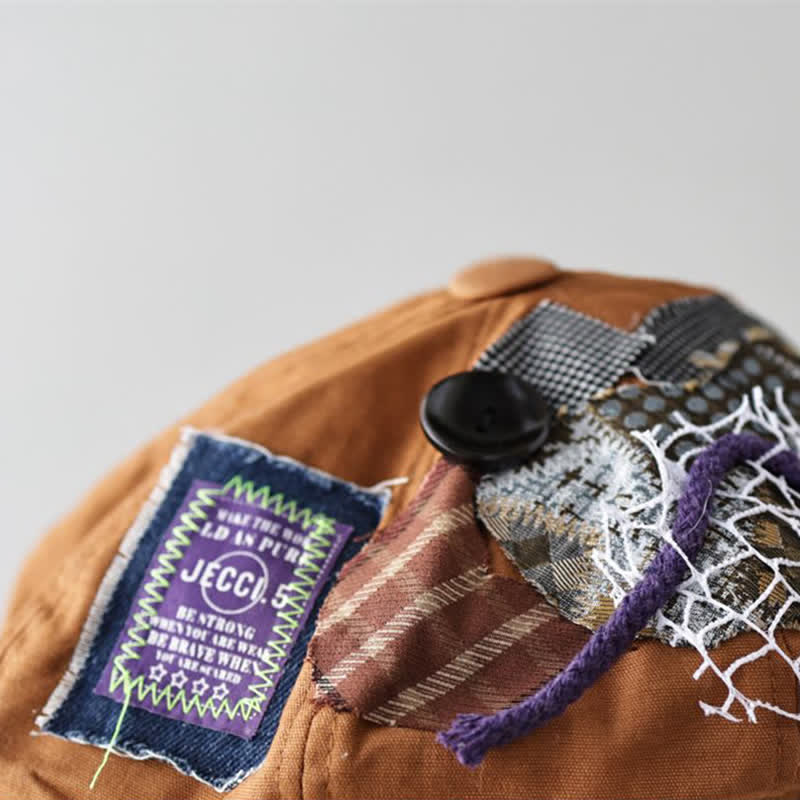Caramel Street Style Cloth Patchwork Button Beret Hat