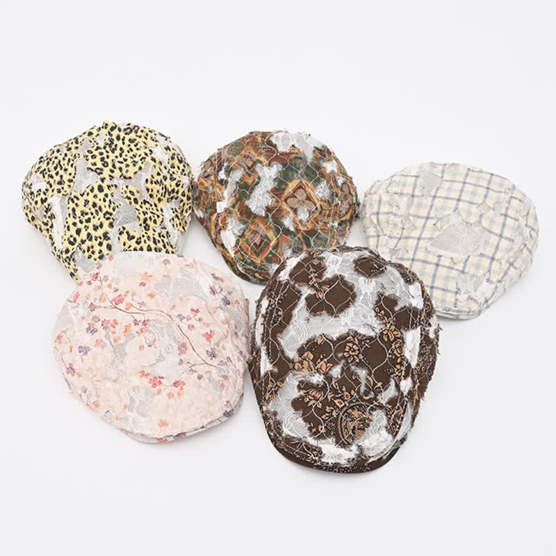Retro Aged Perforated Mesh Fabric Beret Hat - image 1