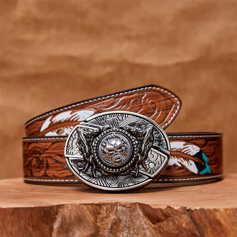 Men's DIY Rotating Skull Hidden Folding Knife Leather Belt - Rotating Skull - Brown Feather Belt - 40 - image 8