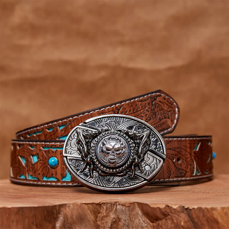 Men's DIY Rotating Skull Hidden Folding Knife Leather Belt - Rotating Skull - Turquoise Carved Belt - 42 - image 6