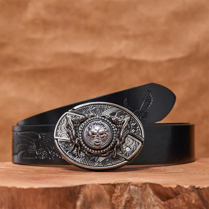 Men's DIY Rotating Skull Hidden Folding Knife Leather Belt - Rotating Skull - Black Embossed Eagle Belt - 42 - image 4