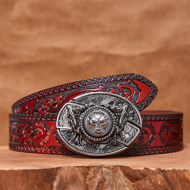 Men's DIY Rotating Skull Hidden Folding Knife Leather Belt - Rotating Skull - Brown Carved Belt - 42 - image 5