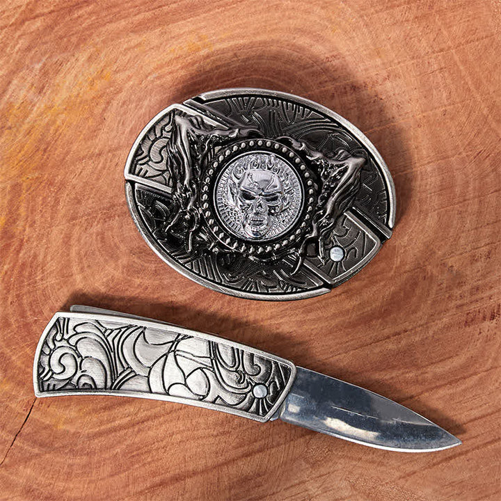 Men's DIY Rotating Skull Hidden Folding Knife Leather Belt - image 1