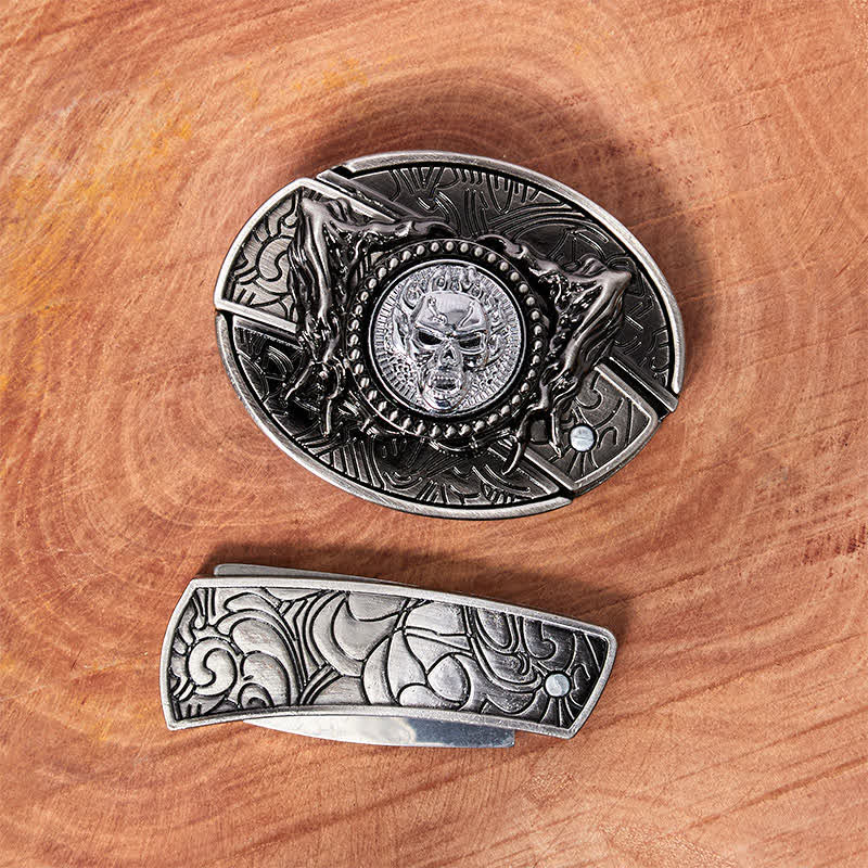 Men's DIY Rotating Skull Hidden Folding Knife Leather Belt - image 2