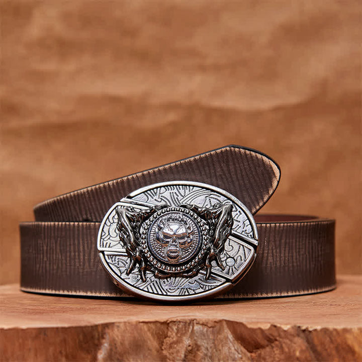 Men's DIY Rotating Skull Hidden Folding Knife Leather Belt - Rotating Skull - Brown Distressed Belt - 42 - image 7