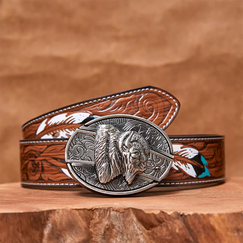 Men's DIY Bison Hidden Folding Knife Leather Belt - Bison - Brown Feather Belt - 40 - image 9