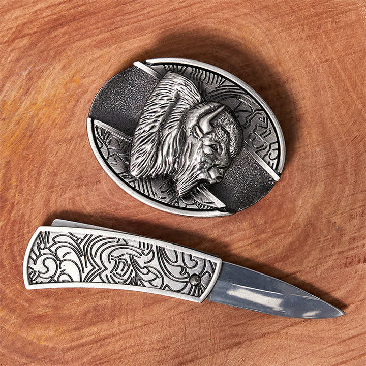 Men's DIY Bison Hidden Folding Knife Leather Belt