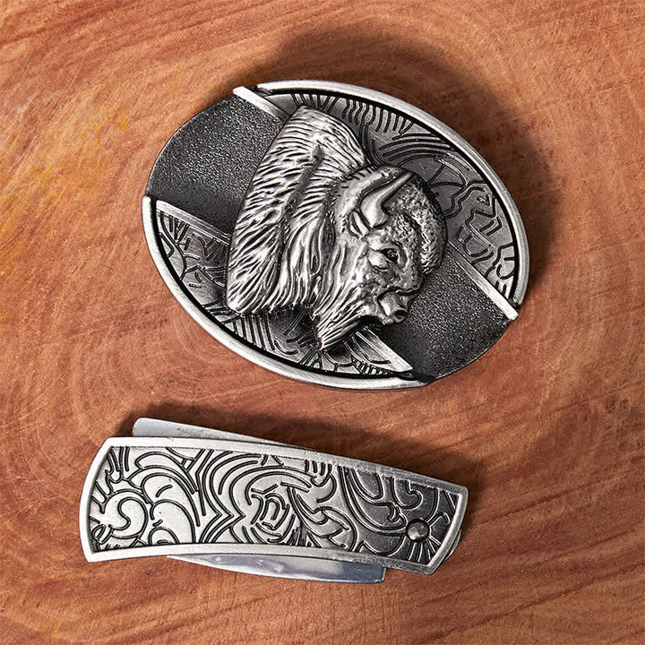 Men's DIY Bison Hidden Folding Knife Leather Belt