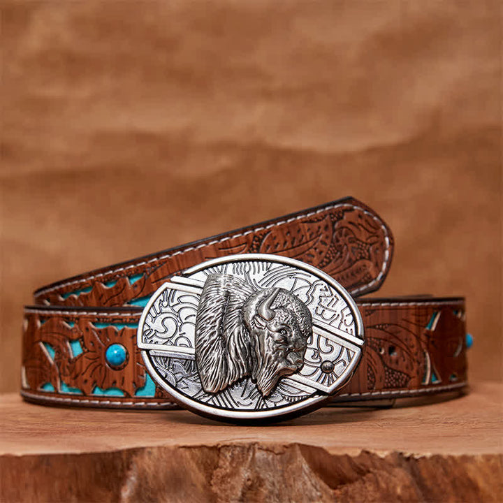 Men's DIY Bison Hidden Folding Knife Leather Belt - Bison - Turquoise Carved Belt - 42 - image 5