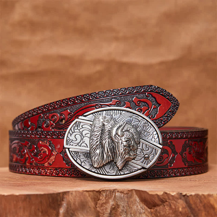 Men's DIY Bison Hidden Folding Knife Leather Belt - Bison - Brown Carved Belt - 42 - image 7