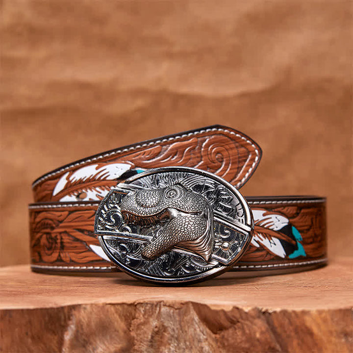 Men's DIY Dinosaur Hidden Folding Knife Leather Belt - Dinosaur - Brown Feather Belt - 40 - image 9