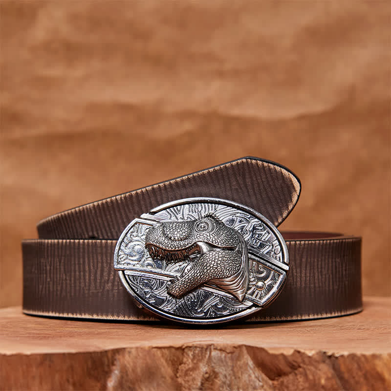 Men's DIY Dinosaur Hidden Folding Knife Leather Belt - Dinosaur - Brown Distressed Belt - 42 - image 8