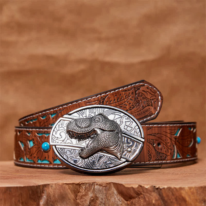 Men's DIY Dinosaur Hidden Folding Knife Leather Belt - Dinosaur - Turquoise Carved Belt - 42 - image 5