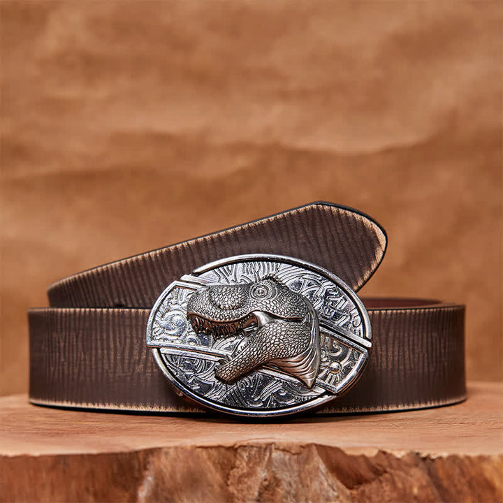 Men's DIY Dinosaur Hidden Folding Knife Leather Belt - Dinosaur - Brown Distressed Belt - 42 - image 8