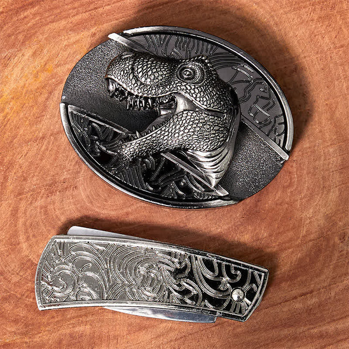 Men's DIY Dinosaur Hidden Folding Knife Leather Belt - image 3