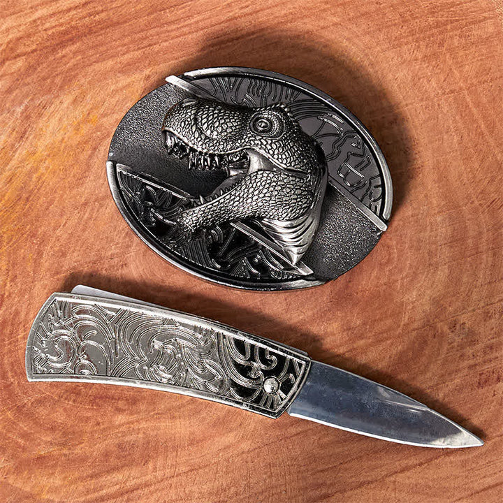 Men's DIY Dinosaur Hidden Folding Knife Leather Belt - image 1